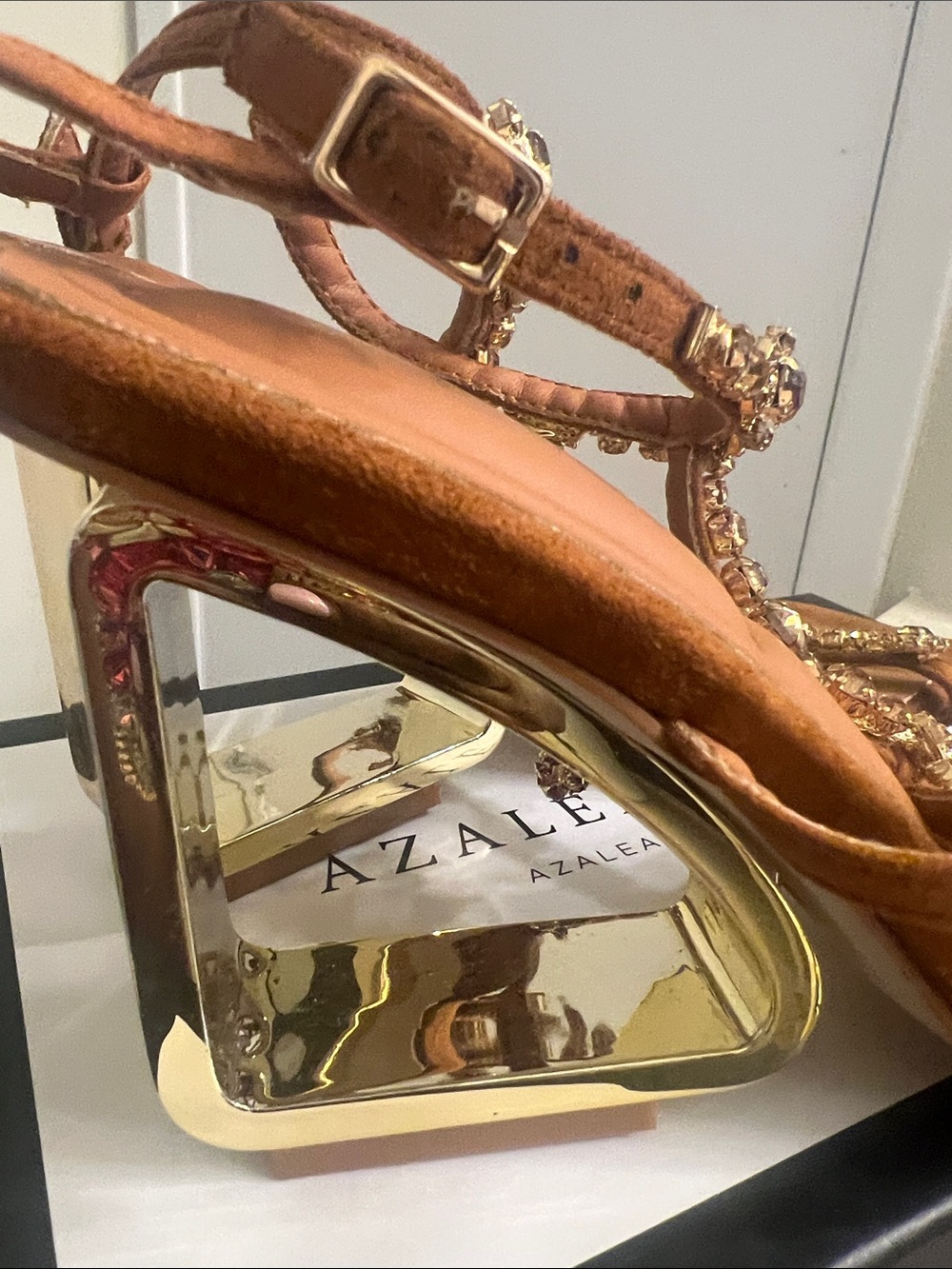 Azalea Wang Crystal-T-Strap Tan Suede Heels - Picture 5 of 7